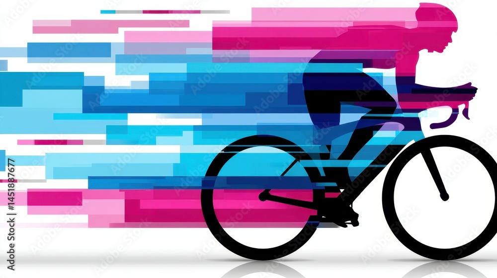 Fototapeta premium Dynamic Double Exposure Silhouette of Cyclist in Motion Over a Modern Cityscape with Colorful Blur Effects