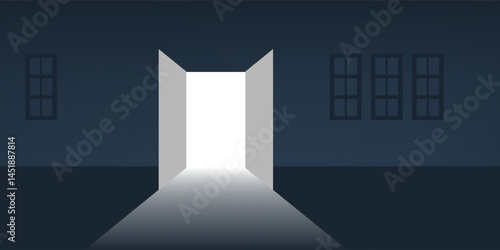 Dark Room, Light Coming In Through an Open Door - New Possibilities, Hope, Overcome Problems, Solution Finding Concept