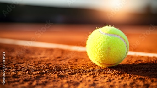 Tennis Ball on Clay Court at Sunset
