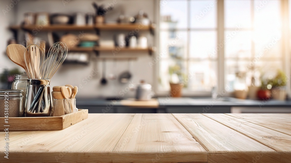 Bright Morning Light on Natural Wood Tabletop in Cozy Kitchen