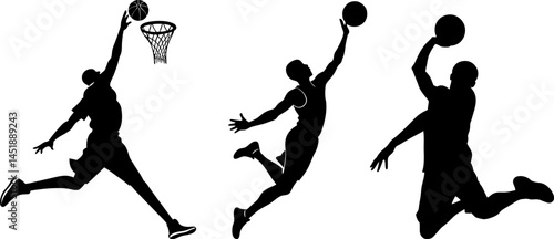 Basketball player silhouettes vector set: dunk, jump shot, layup