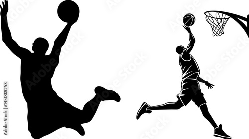Basketball player silhouettes vector set: dunking and shooting