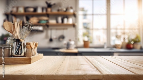 Obraz na płótnie Bright Morning Light on Natural Wood Tabletop in Cozy Kitchen w salonie