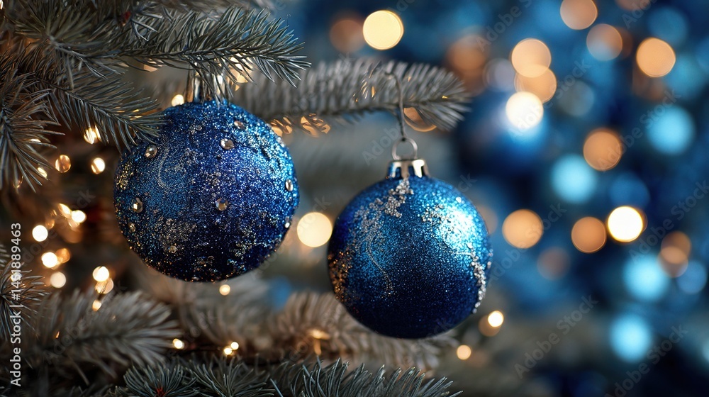 Sparkling Blue Ornaments on a Pine Tree for Christmas Decoration