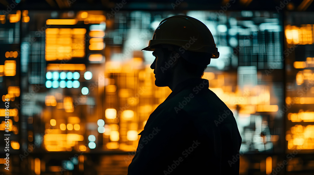 Silhouette of a person wearing a hard hat looking at a control panel. Silhouette of a person wearing a hard hat looking at a control panel.