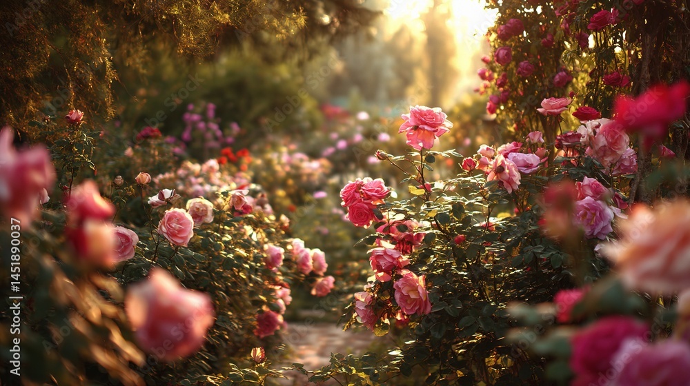 Dreamy Rose Garden Bathed in Glowing Sunlight at Sunrise
