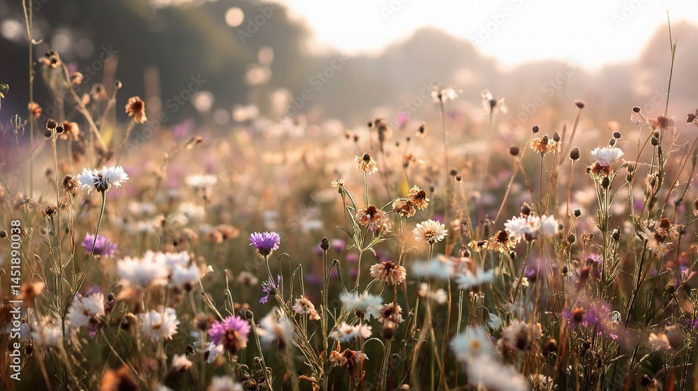 Soft Wildflower Field Glowing in Summer Sunlight