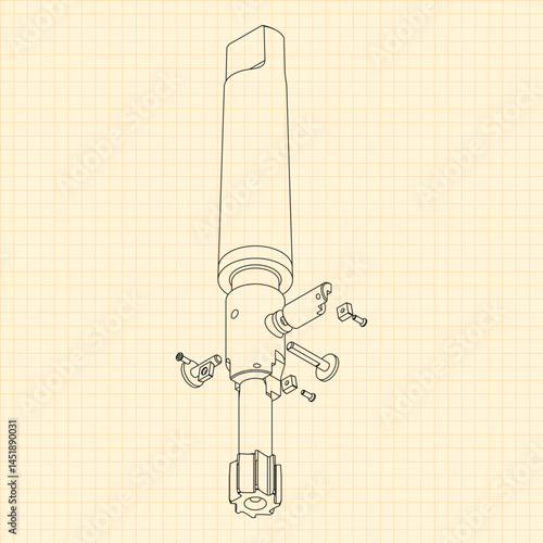 Mechanical engineering drawings. Tap tools, borer. Technical Design. Cover. Blueprint. Step Cutting Tool with Countersinking Function. Technical 3D Vector Illustration