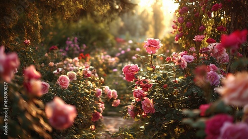 Obraz na płótnie Dreamy Rose Garden Bathed in Glowing Sunlight at Sunrise w salonie