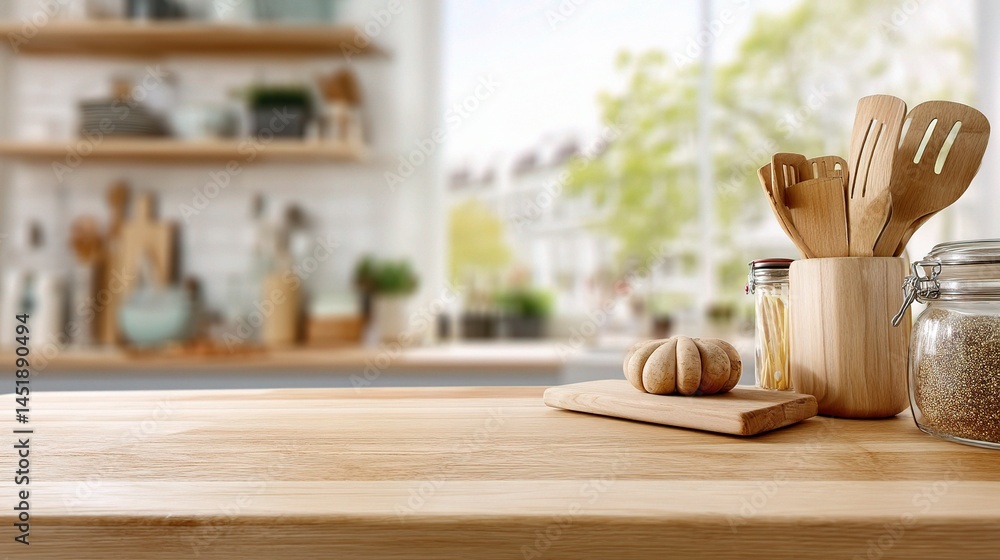Bright Natural Wood Tabletop in Morning Light with Kitchen Elements