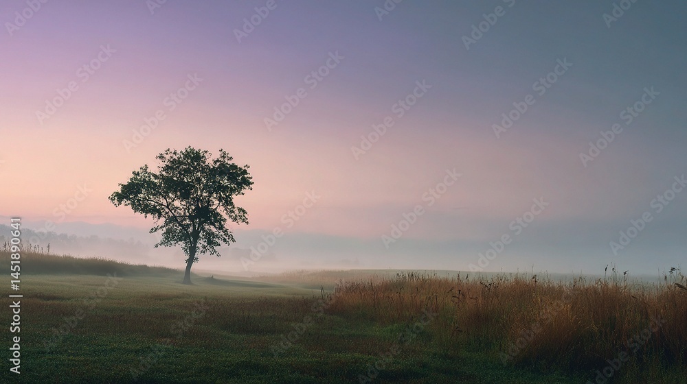 Tranquil Foggy Morning in Countryside with a Lone Tree