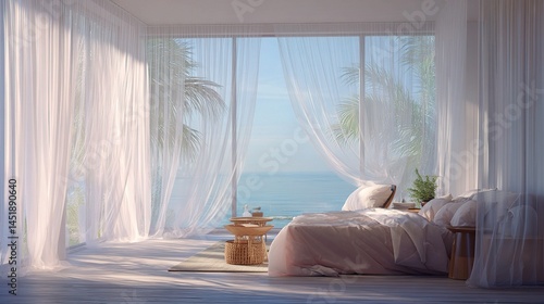 Obraz na płótnie Bright Tropical Room with Sheer Curtains and Ocean View w salonie