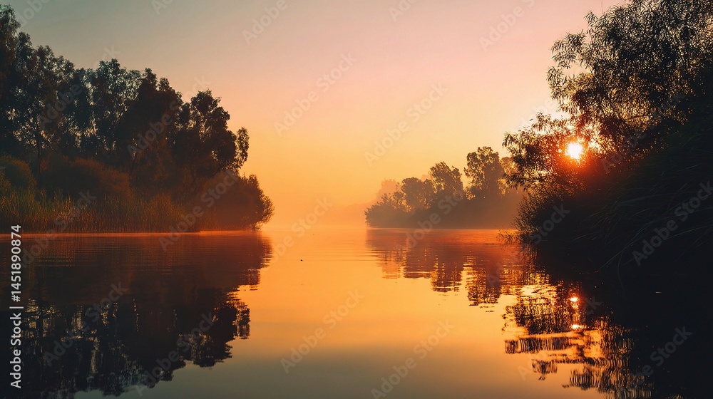 Serene Sunset Glow on Calm River Water with Perfect Reflection