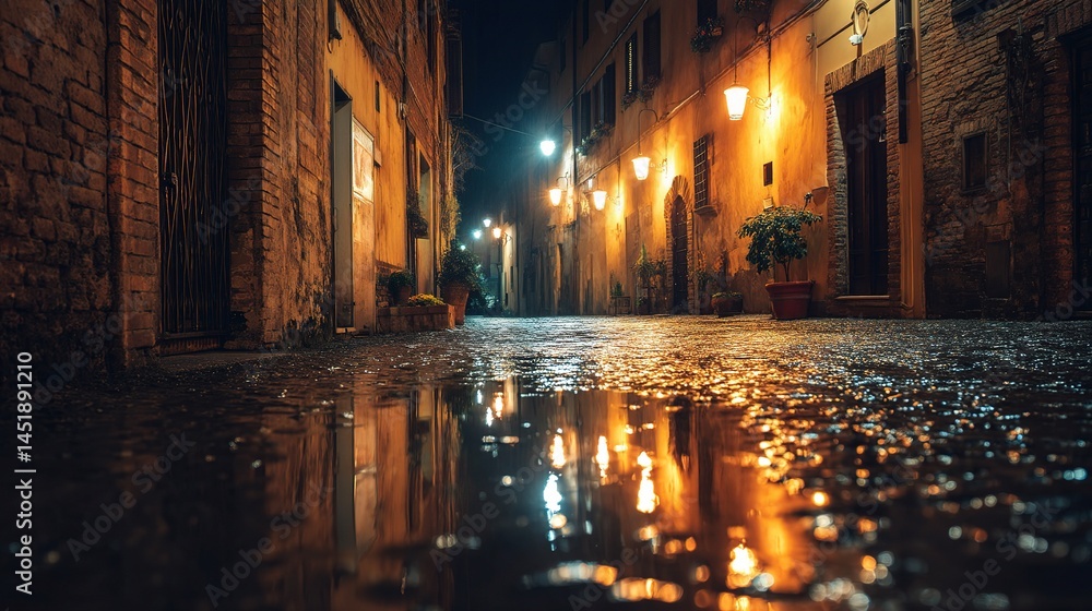 Quiet Streetlight Reflections on Wet Pavement at Night in Historic Area