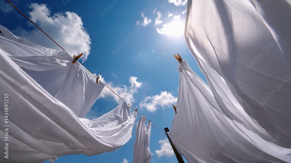 White Cotton Sheets Gently Blowing on a Clothesline Under Blue Sky
