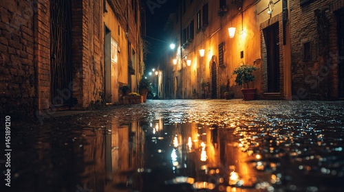 Quiet Streetlight Reflections on Wet Pavement at Night in Historic Area