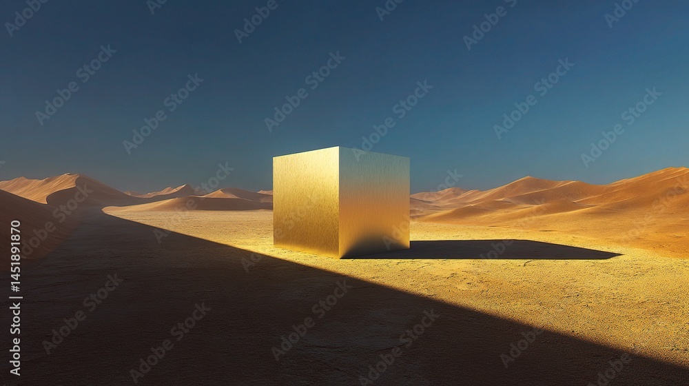 Surreal Desert Landscape with Metallic Cube Casting Long Shadow