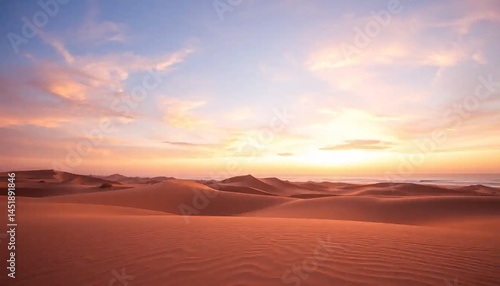 Golden Sand Dunes by Ocean at Sunset with Colorful Sky