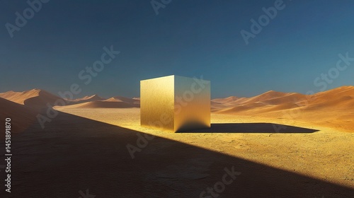 Surreal Desert Landscape with Metallic Cube Casting Long Shadow