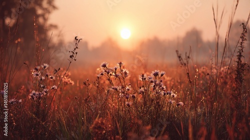 Soft Sunrise Over Meadow with Autumn Colors and Glowing Light