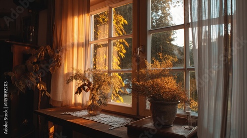 Serene Room Interior with Natural Light and Warm Reflections