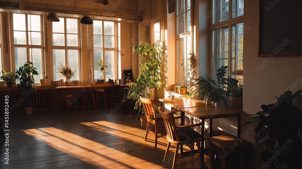Cozy and Bright Empty Coffee Shop Interior with Large Windows