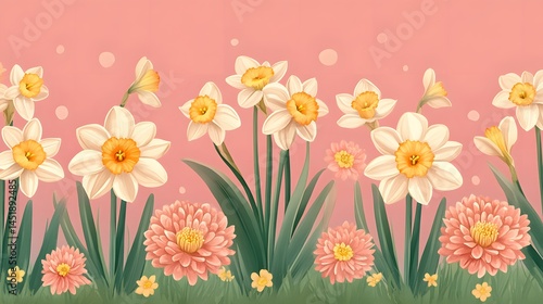Elegant Daffodils and Chrysanthemums Spring Floral Border