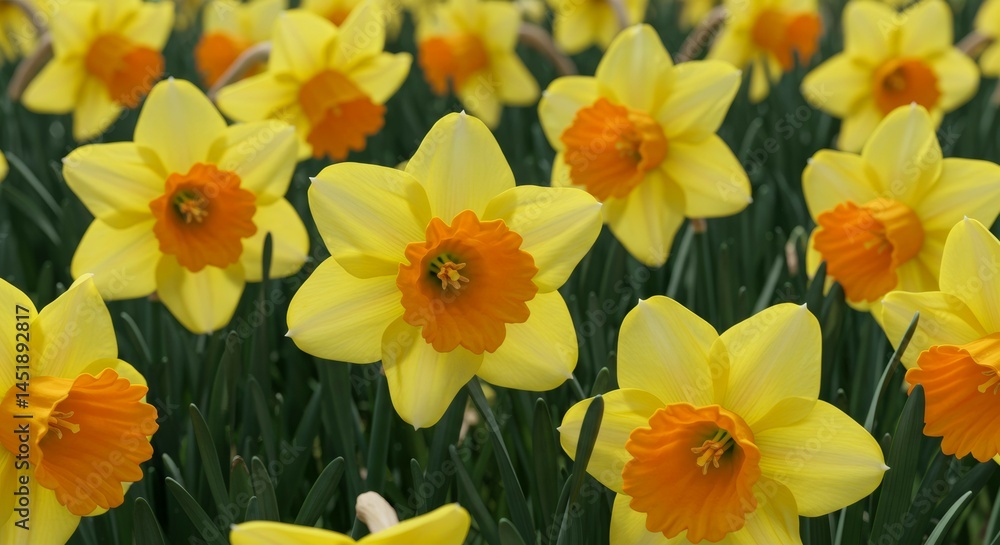 Fototapeta premium Blooming Daffodils in Spring Garden Bright Yellow and Orange Flowers