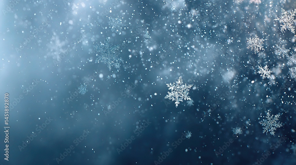 Close-Up of Falling Snowflakes on Soft Blue Background