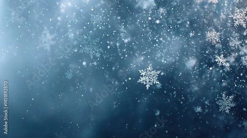 Obraz na płótnie Close-Up of Falling Snowflakes on Soft Blue Background w salonie