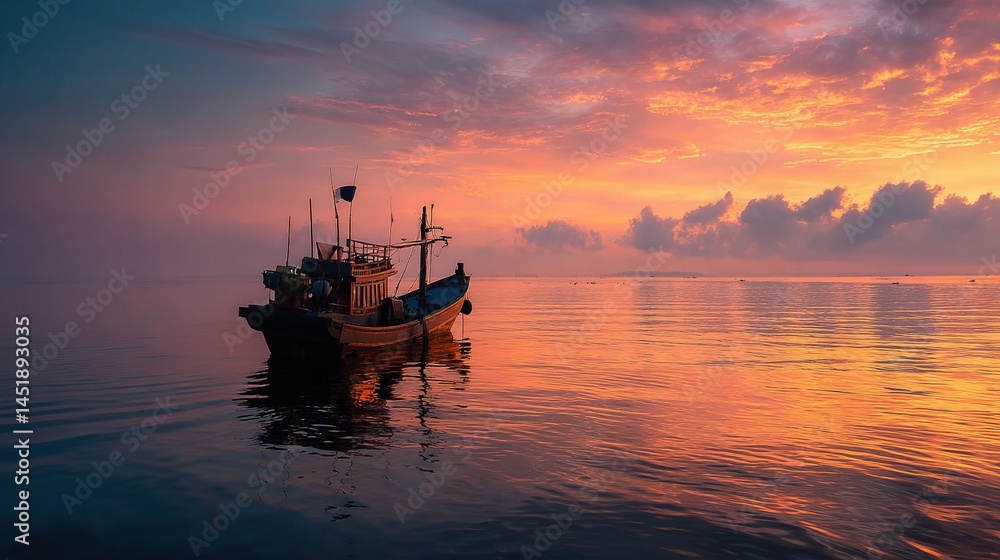 Serene Fishing Boat at Sea During Glowing Sunset Over Water