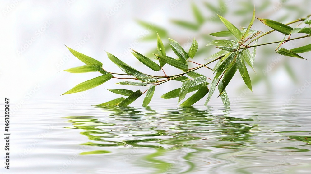 Bamboo Leaf Over Transparent Water on White Surface