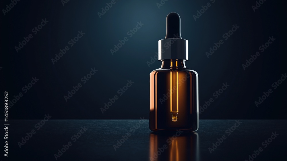 Amber dropper bottle on dark surface. Detailed close-up of a dropper bottle with amber glass and metal dropper Amber dropper bottle on dark surface. Detailed close-up of a dropper bottle with amber glass and metal dropper