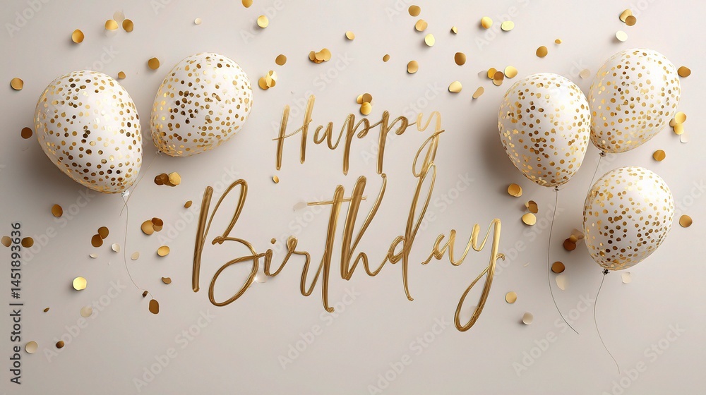 Elegant Happy Birthday Greeting with Gold Confetti and Balloons