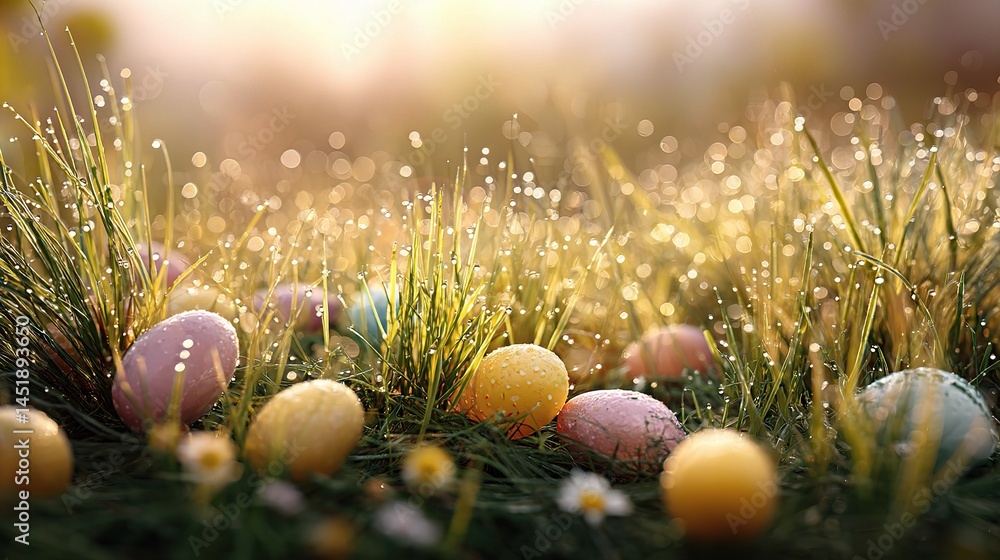 Colorful Easter Eggs Nestled in Fresh Green Grass at Springtime