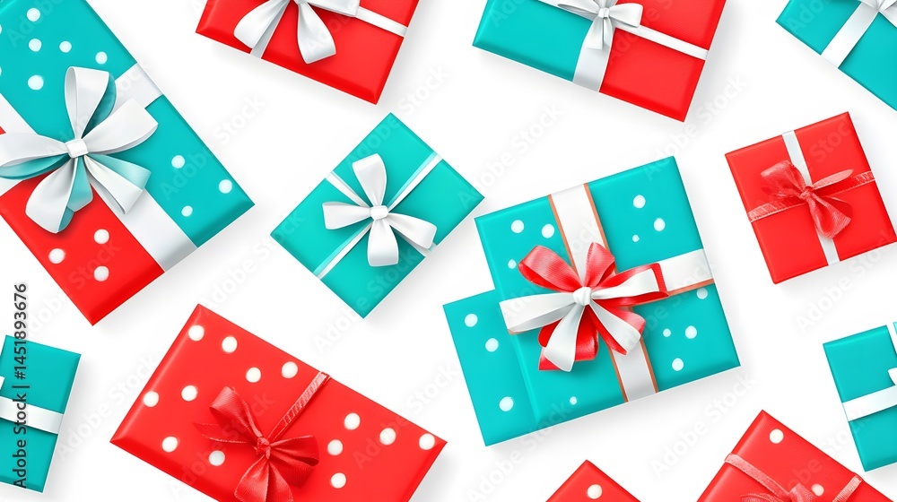 Obraz premium Red and Teal Gift Boxes with Bows Holiday Pattern
