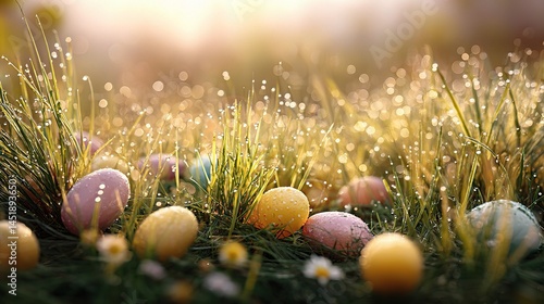 Obraz na płótnie Colorful Easter Eggs Nestled in Fresh Green Grass at Springtime w salonie