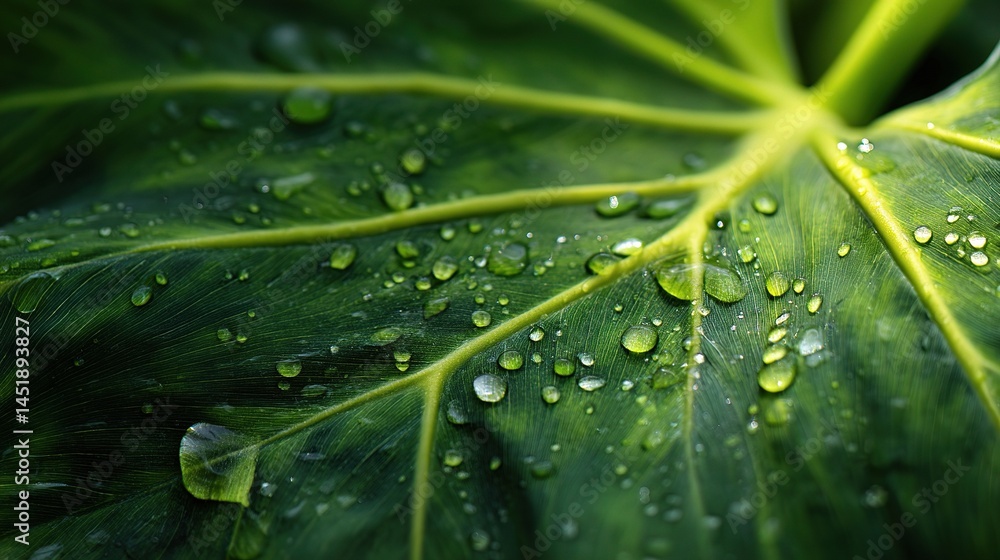 Close-Up of Fresh Dew on Green Tropical Leaf with Detailed Veins