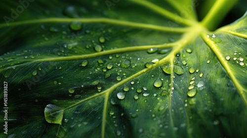 Obraz na płótnie Close-Up of Fresh Dew on Green Tropical Leaf with Detailed Veins w salonie
