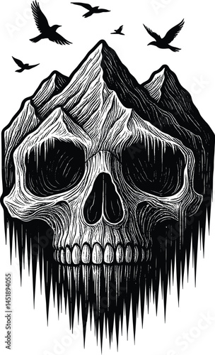 Mountain Skull Vector Silhouette, Double Exposure Skull with Mountain Landscape, Wilderness Death Scene Clipart, Gothic Nature Design for T-Shirts, Creepy Skull Cricut Cut File, Rustic Outdoor Skull A