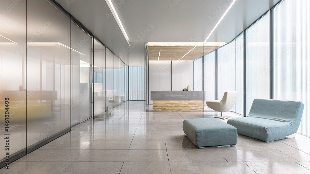 Modern Minimalist Office Lobby with Elegant Glass Doors and Blur Effect