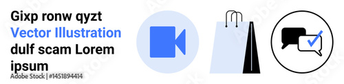 Blue video icon, shopping bags, and chat bubble with checkmark suggest communication, e-commerce, and media. Ideal for communication, shopping, validation, media online platforms social media