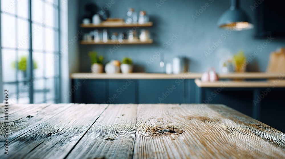 Natural Wood Table with Shallow Depth Focus in Modern Kitchen Setting