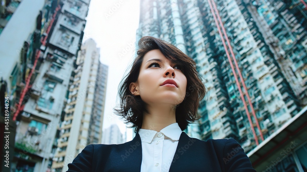 Confident Businesswoman in Urban High-Rise Cityscape Low View