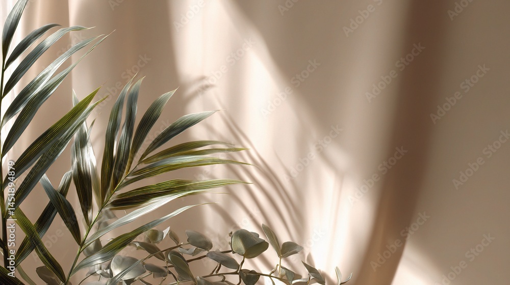 Soft Beige Abstract Background with Shadows and Greenery Details