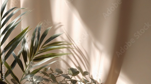 Obraz na płótnie Soft Beige Abstract Background with Shadows and Greenery Details w salonie