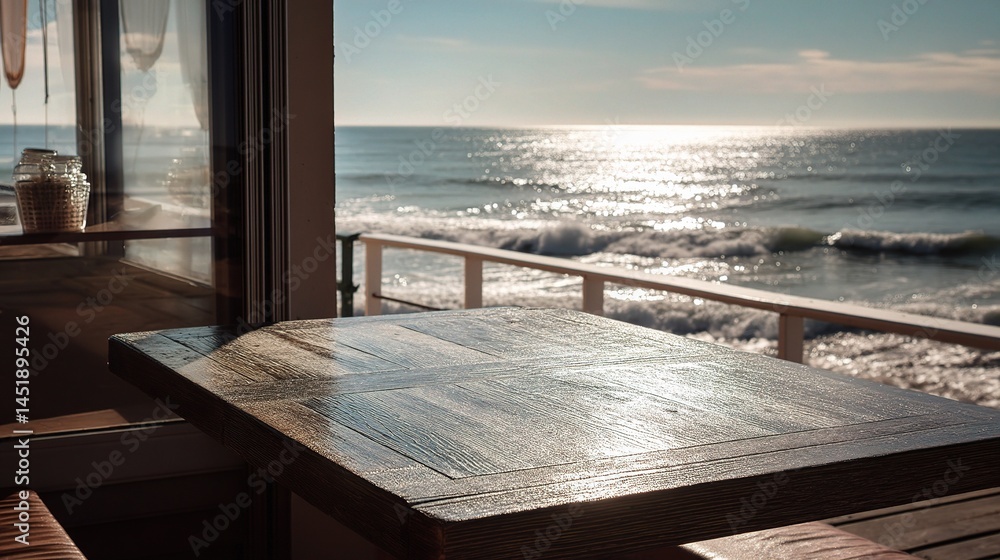 Serene Seaside Cafe Tabletop with Gentle Ocean View in Foreground