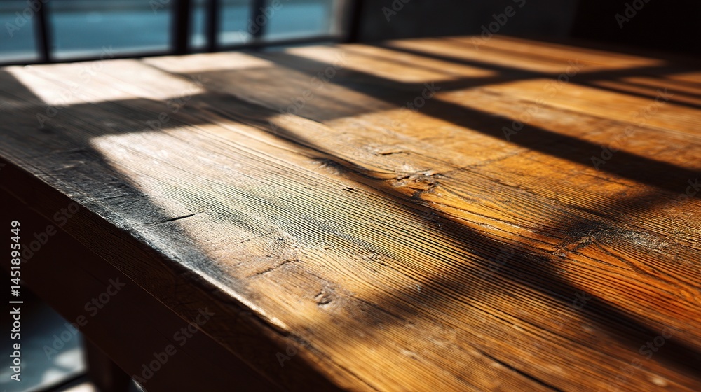 Sunlight Casting Shadows Across a Wooden Table Surface