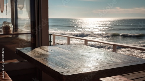 Obraz na płótnie Serene Seaside Cafe Tabletop with Gentle Ocean View in Foreground w salonie