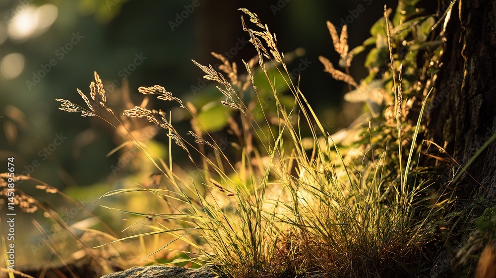 Glowing Grass Illuminated by Golden Light Near a Tree Base